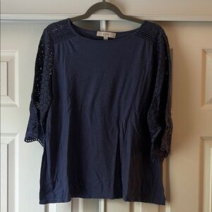 LOFT Dark Blue Blouse with Lace Sleeves